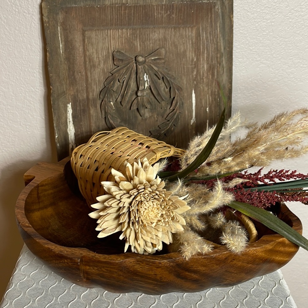 Vintage Large Hand Carved Teak Leaf Bowl Fall Decor & Spoon
